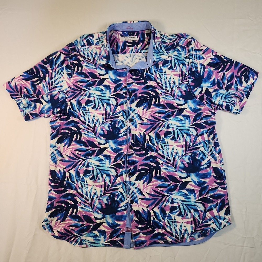 Tommy Bahama Shirt Mens XL Purple Blue The Veracruz Cay Hawaiian Palm Tree Camp